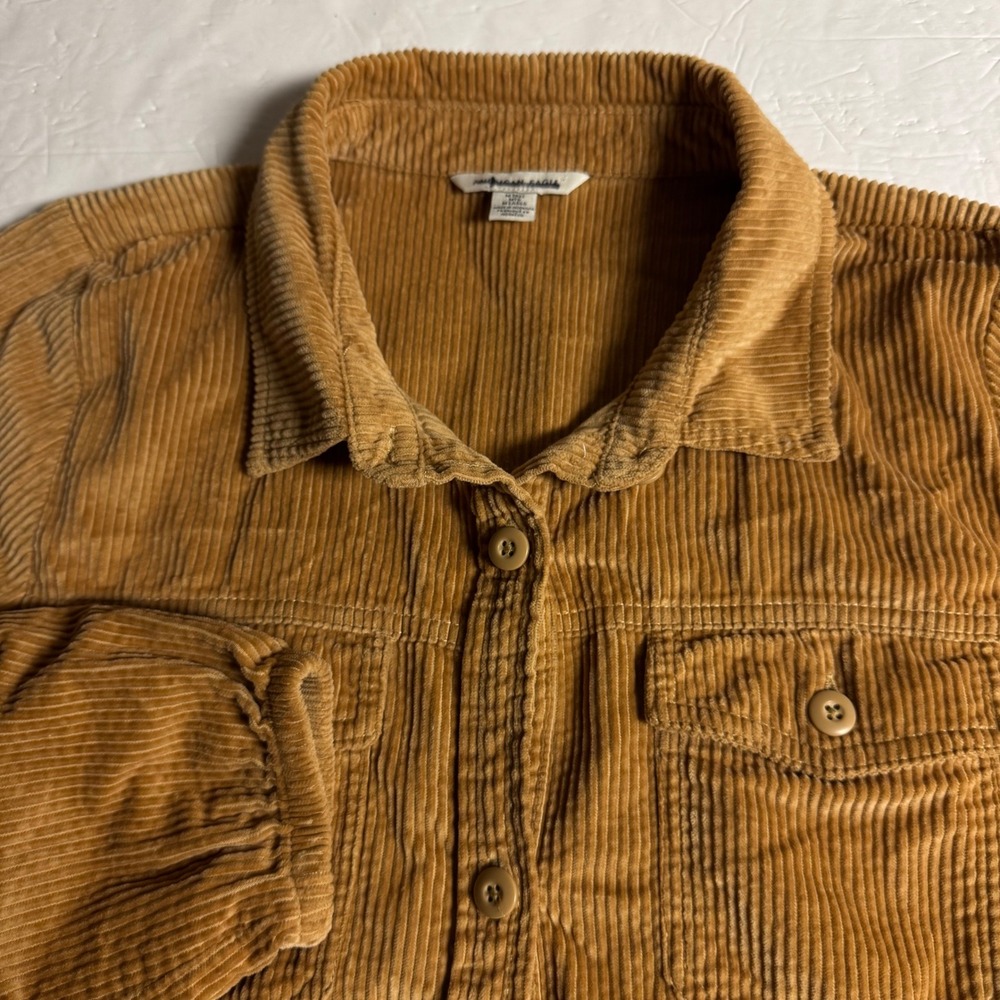 American Eagle Tan Corduroy Babydoll Mini Dress Button Front Womens M Tall